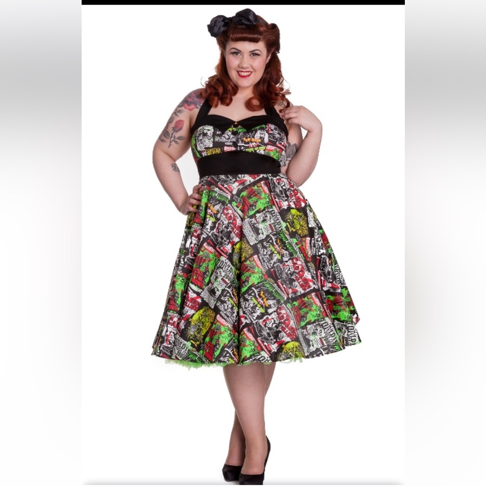 Hell Bunny Black Retro Comic Print Swing Dress with Green & Red Accents